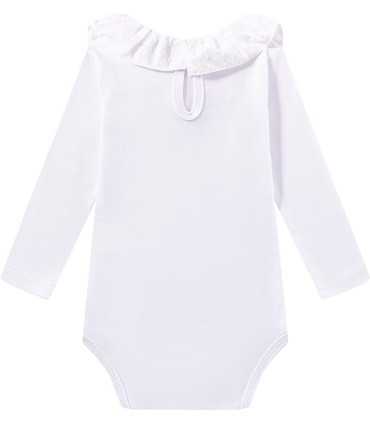 Body niña blanco con volantes en el cuello y mangas larga