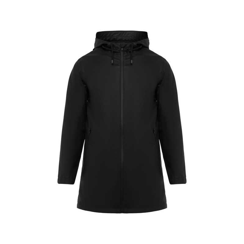 Chubasquero unisex poliéster con capucha negro frontal Chubasquero unisex poliéster con capucha negro frontal